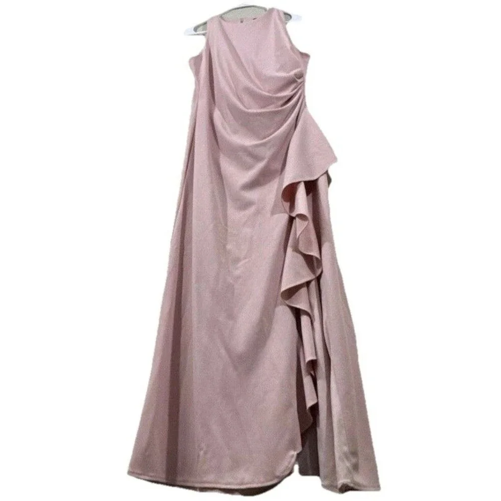 Women’s Evenings Pink Sleeveless Long Dress Tall Size 16 Ruched High Low Hemline